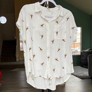 Giraffe Print Loose White Button-Up Shirt